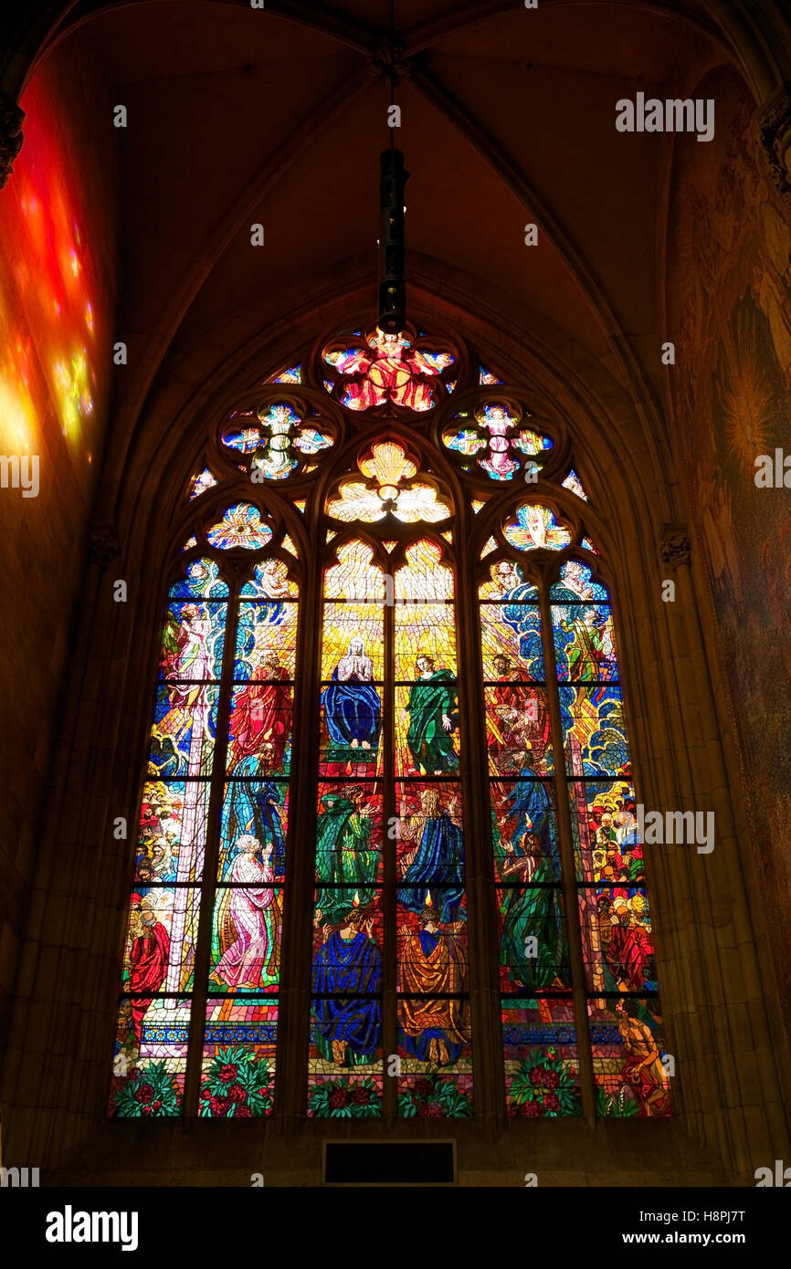Stained glass window at St Vitus Cathedral Prague Stock Photo Alamy
