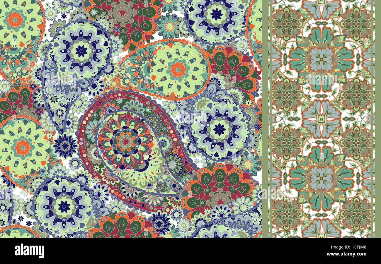 Set of paisley floral seamless pattern with seamless ribbon. Vector ...