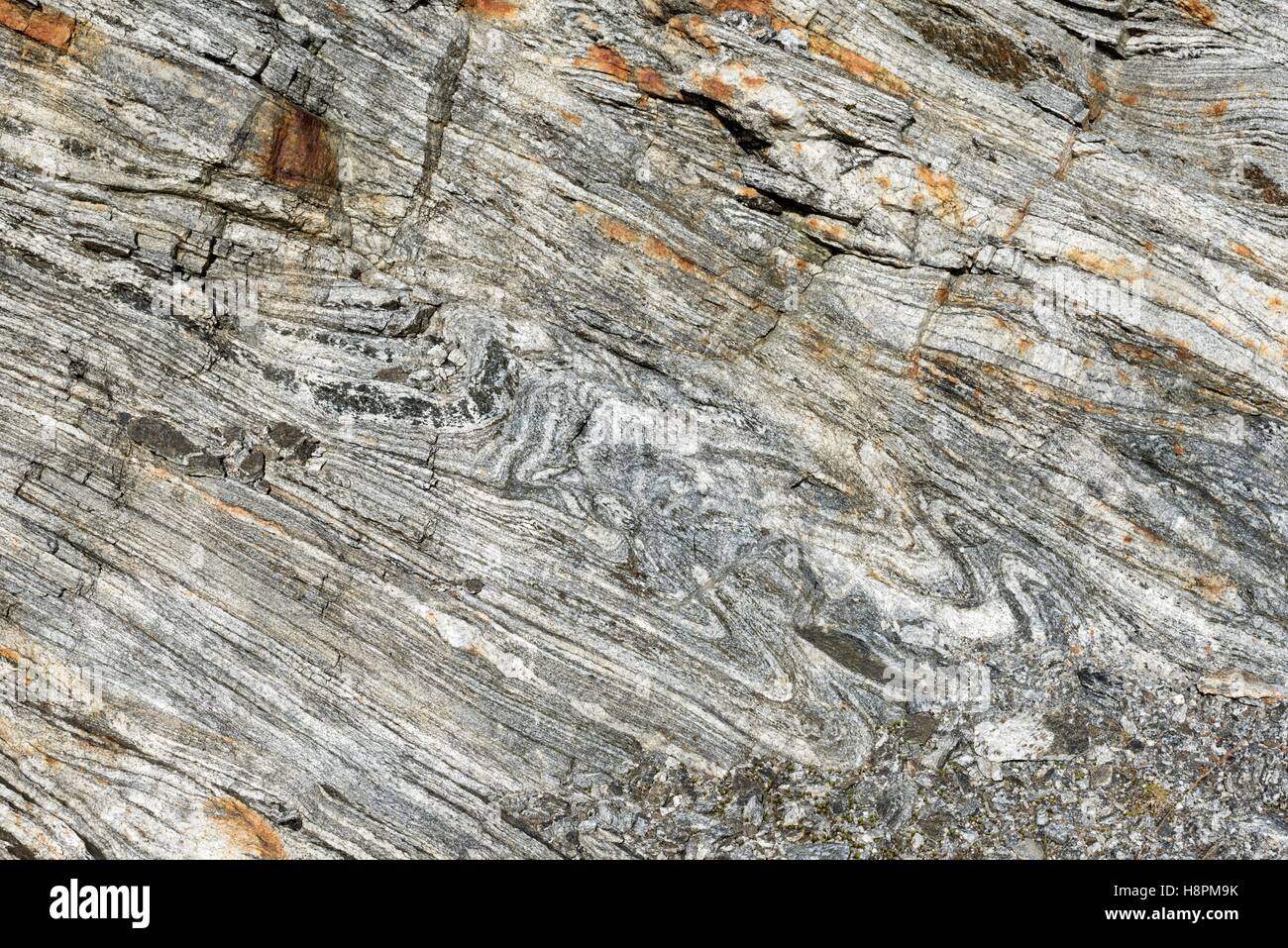 Cross-section and structure of Lewis gneiss, Lewisian, metamorphic rock, oldest rocks in Europe, Outer Hebrides, Isle of Lewis Stock Photo