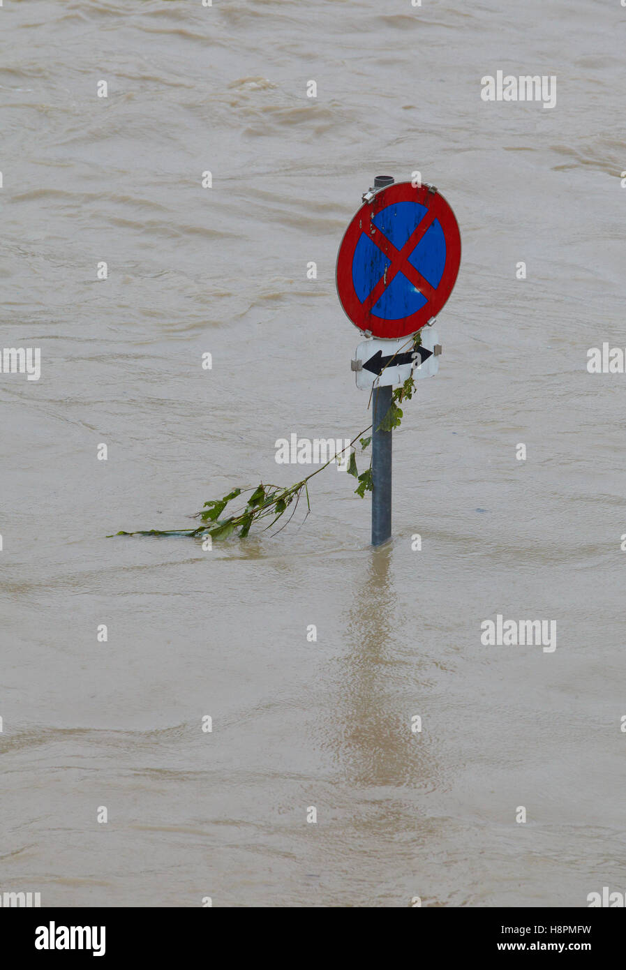 No parking sign in floodwater Stock Photo - Alamy