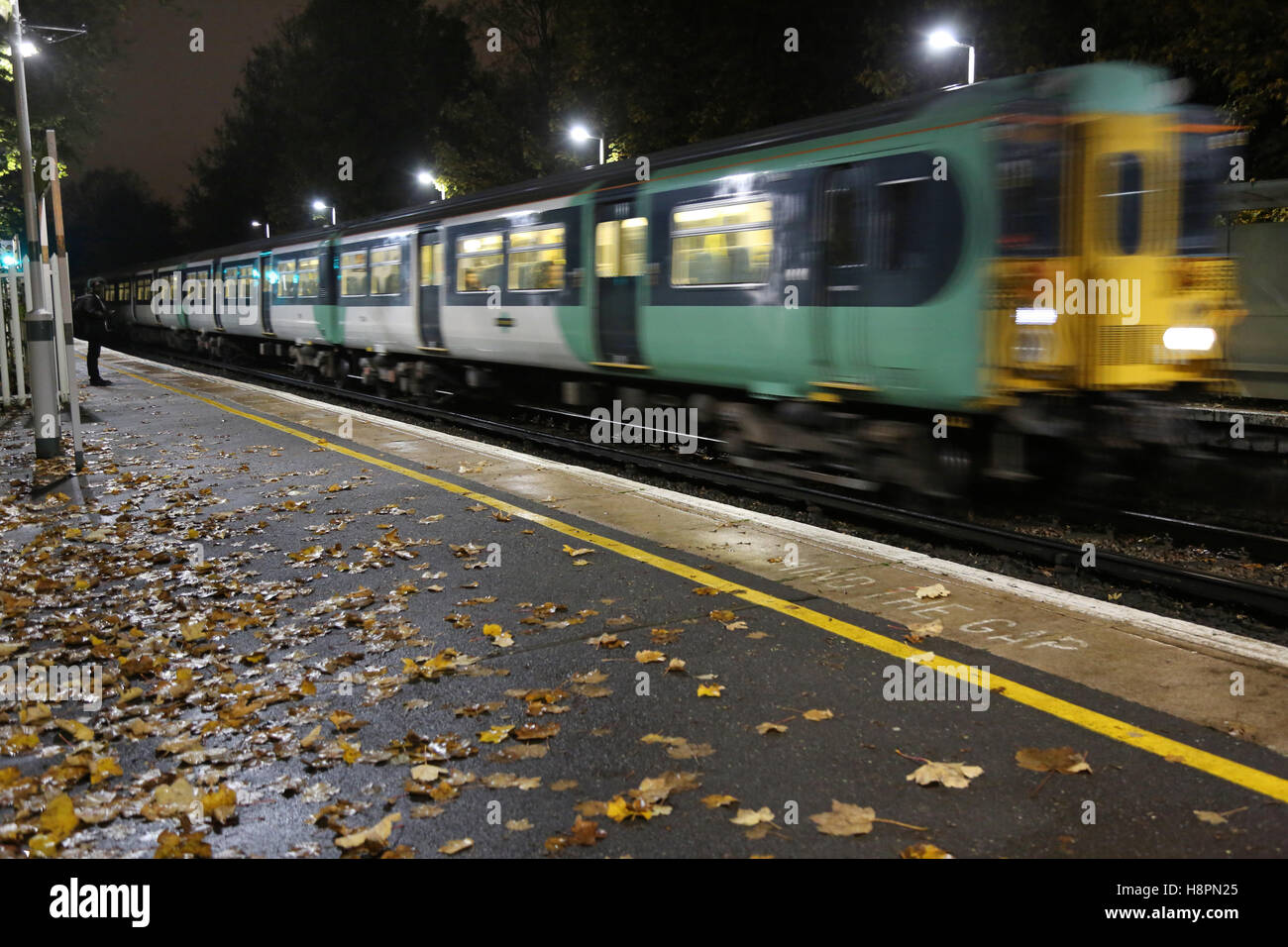 Autumn leaves on the track and platform at a south London railway station as a train arrives. Evening picture, wet. Stock Photo