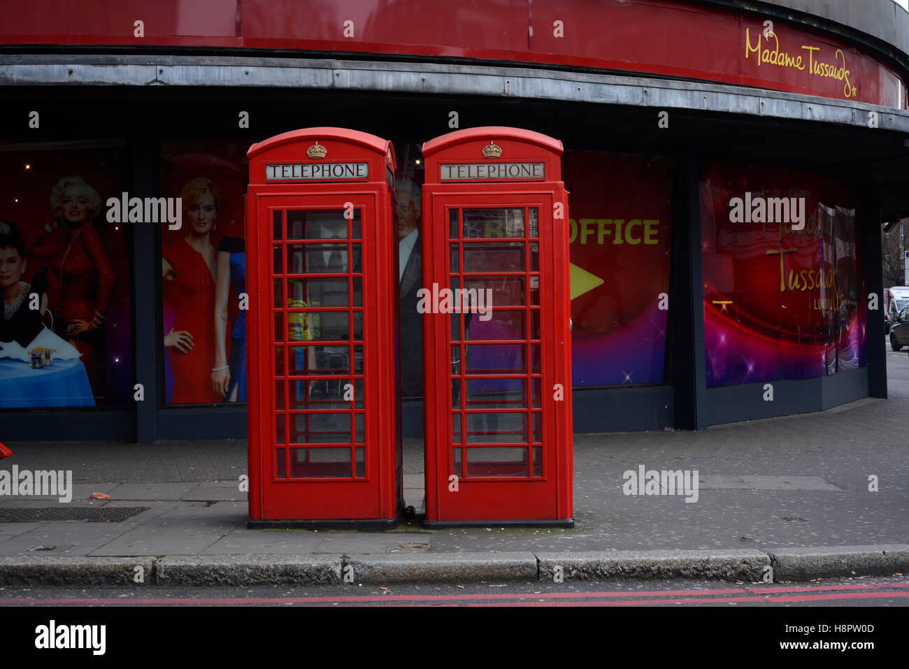 Two Red telephone boxes, Madame Tussaud's museum Stock Photo