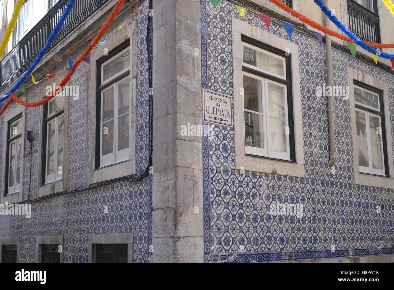 Traditional Portuguese tiles in Bairro Alto Lisbon, Portugal Stock Photo