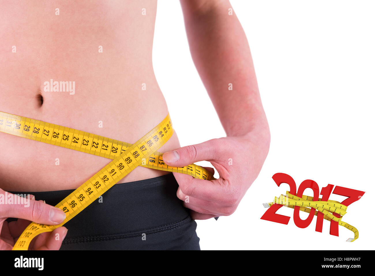 Man, body or measuring tape on waist on studio background for