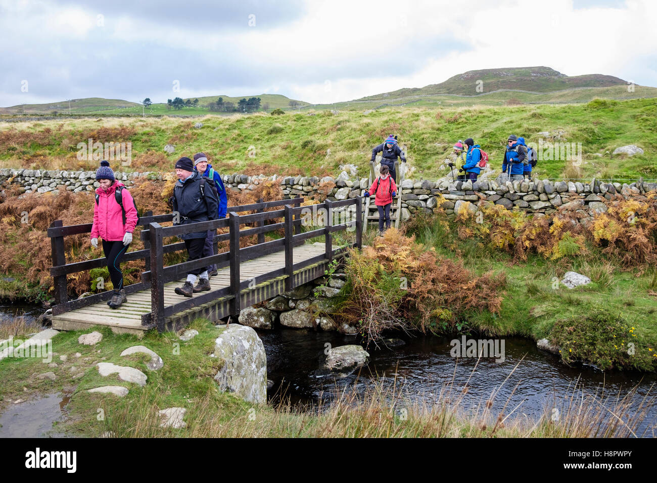 Group of Ramblers walking across a footbridge over Afon Gyrach river on North Wales Path in hills near Penmaenmawr Conwy Wales UK Britain Stock Photo
