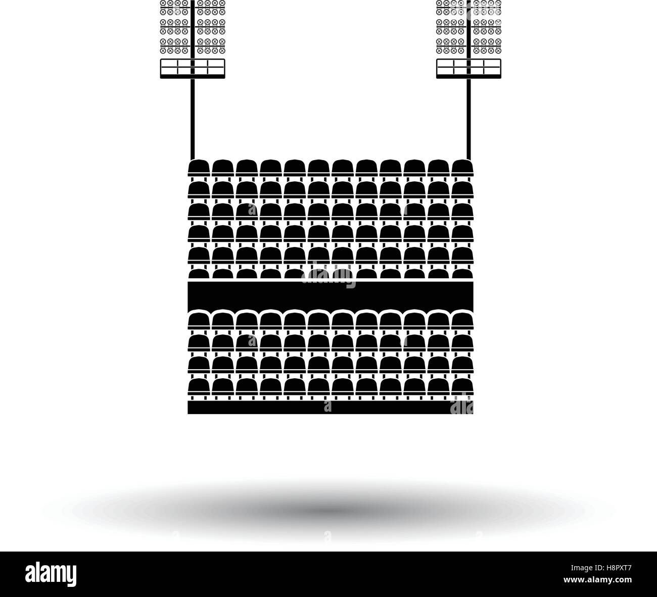 Stadium tribune with seats and light mast icon. White background with shadow design. Vector illustration. Stock Vector