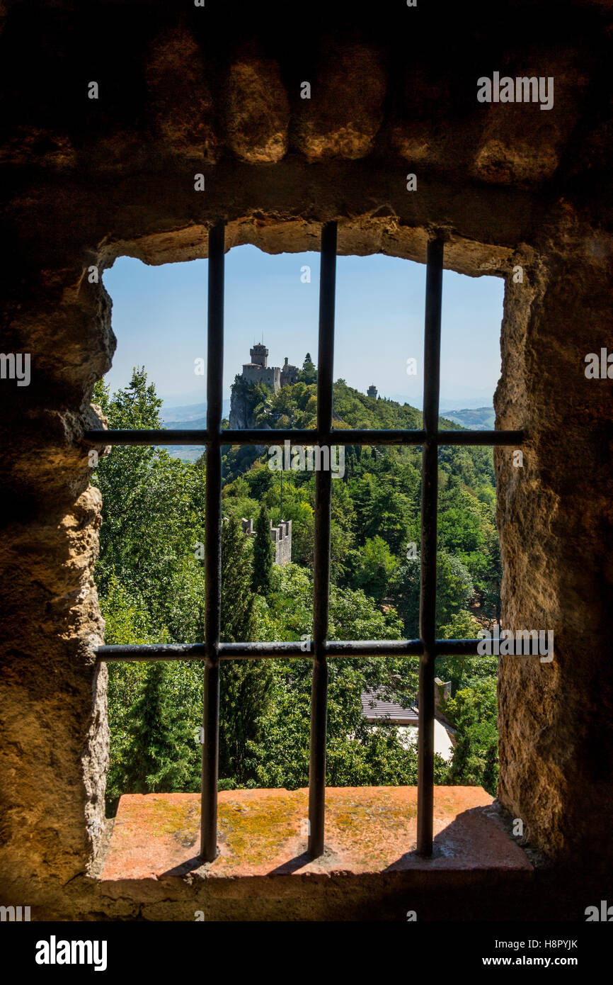 View from a window in the fortress of Guaita on Mount Titano in San Marino. Stock Photo
