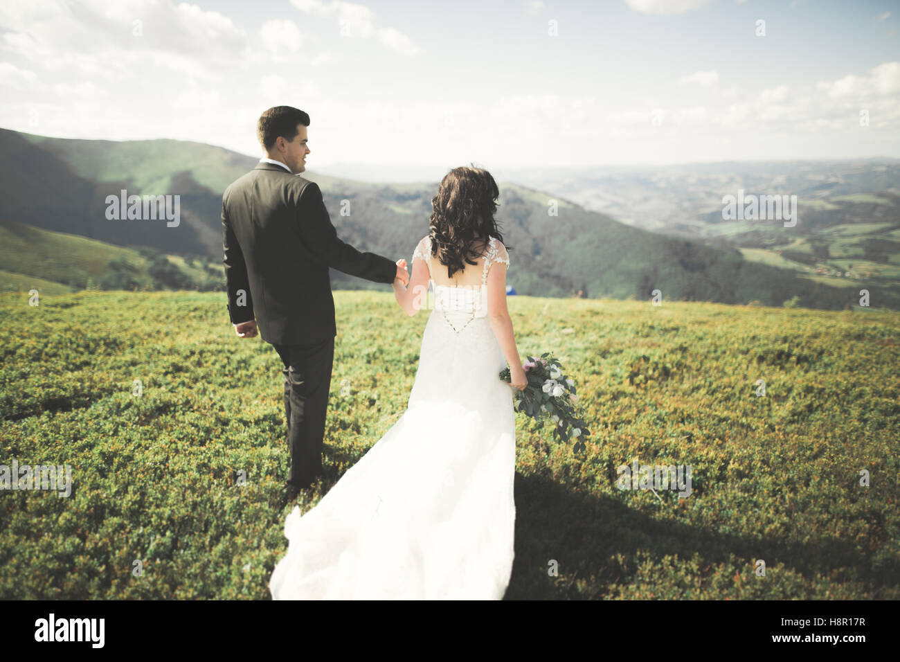 Young wedding couple in love holding hands on the background of ...