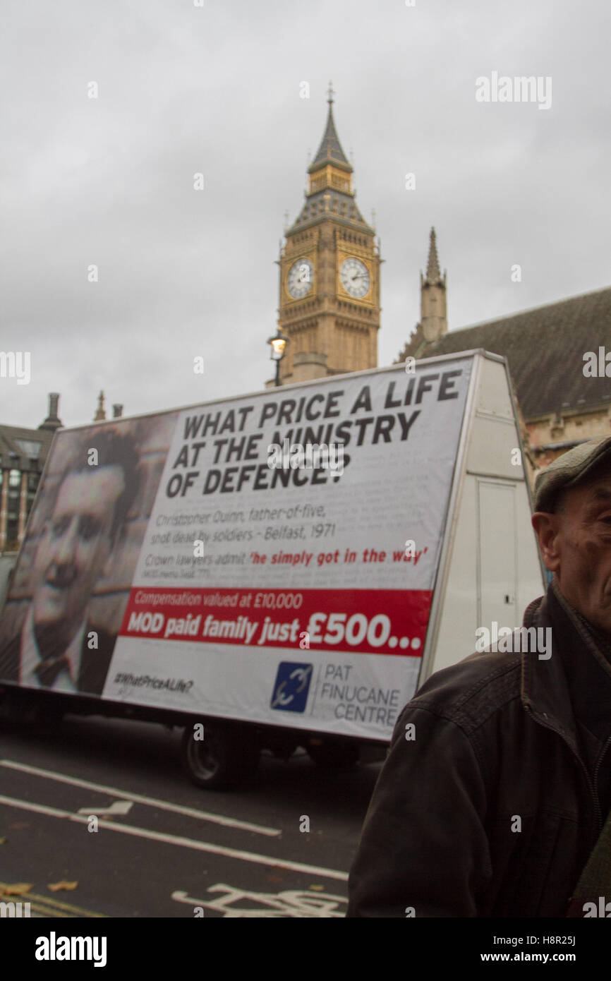 London, UK. 15th Nov, 2016. An ad campaign run by Pat Finucane centre, set up following the Irish human rights lawyer campaigning for better compensation by the Ministry of Defence on behalf of victims killed by loyalist paramilitaries and British soldiers in Northern Ireland Credit:  amer ghazzal/Alamy Live News Stock Photo