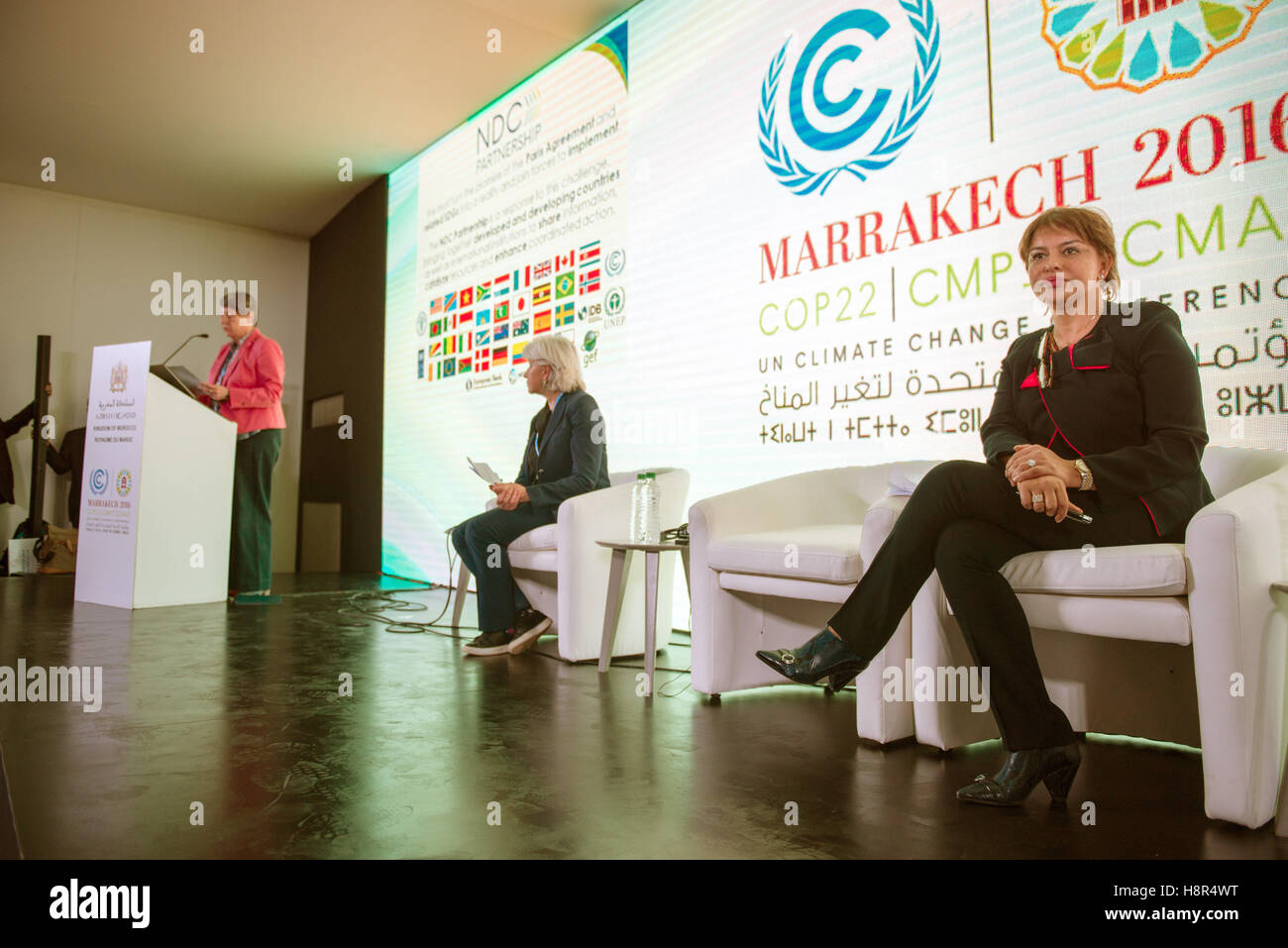 Marrakech, Morocco. 15th Nov, 2016. The German Federal Minister of the Environment Barbara Hendricks, the Moroccan Minister of Environment Hakima El Haite and the French leading negotiator Laurence Tubiana partake in the UN Climate Conference COP22 in Marrakech, Morocco, 15 November 2016. Germany and the host Morocco have introduced a climate protection consultation programme for less experienced nations. Photo: Abdellah Azizi/dpa/Alamy Live News Stock Photo