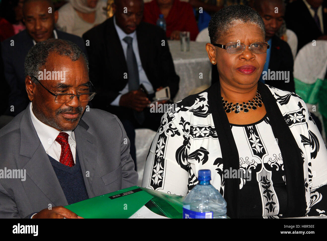 Durban, South Africa. 15th Nov, 2016.KwaZulu-Natal premier Willies Mchunu (left) together with eThekwini Metro Municipal mayor Zandile Gumede listen to speeches during a sod-turning ceremony at Durban's Addington Beach where a monument is set to be built to commemorate the 1860 arrival of Indians in South Africa. They were brought into the country as indentured labourers to work on the sugar cane fields of the then Natal Colony. Today there are an estimated 1.3 million South Africans of Indian descent, most of whom live in the greater Durban area. Credit:  Giordano Stolley/Alamy Live News Stock Photo