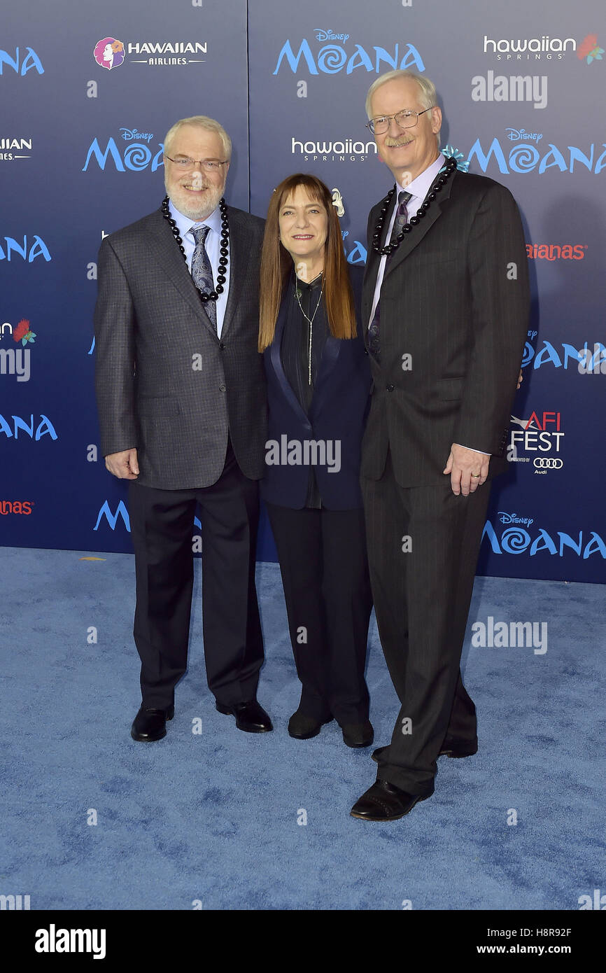 Hollywood, California. 14th Nov, 2016. Director Ron Clements, producer Osnat Shurer and director John Musker attend the premiere of Disney's 'Moana' during the AFI FEST 2016 presented by Audi at the El Capitan Theatre on November 14, 2016 in Hollywood, California. | Verwendung weltweit © dpa/Alamy Live News Stock Photo