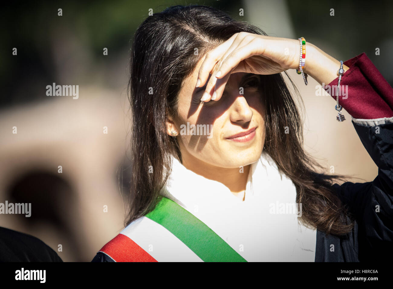 Rome, Italy. 16th Nov, 2016. Rome's mayor Virginia Raggi attends a press preview of the ancient Circus Maximus archaeological site after its restoration and its opening to the public, on November 16, 2016 in Rome. Since Royal Roman Age, any kind of public events have taken place at Circus Maximus : horses races, hunting with exotic animals, theatrical performances, public executions, religious or triumphal processions.   Credit:  Andrea Ronchini/Alamy Live News Stock Photo