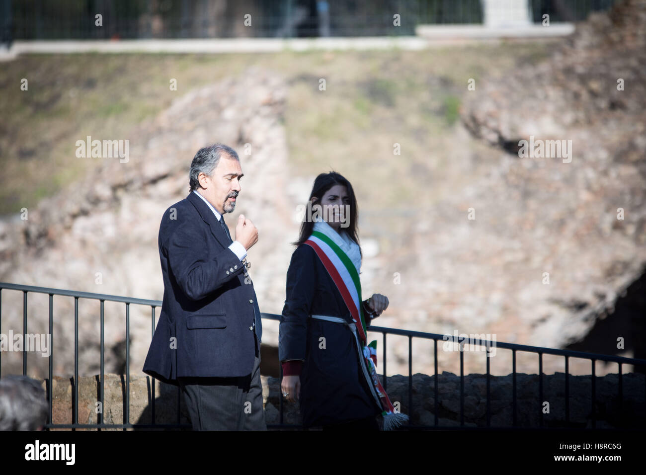 Rome, Italy. 16th Nov, 2016. Rome's mayor Virginia Raggi attends a press preview of the ancient Circus Maximus archaeological site after its restoration and its opening to the public, on November 16, 2016 in Rome. Since Royal Roman Age, any kind of public events have taken place at Circus Maximus : horses races, hunting with exotic animals, theatrical performances, public executions, religious or triumphal processions.   Credit:  Andrea Ronchini/Alamy Live News Stock Photo