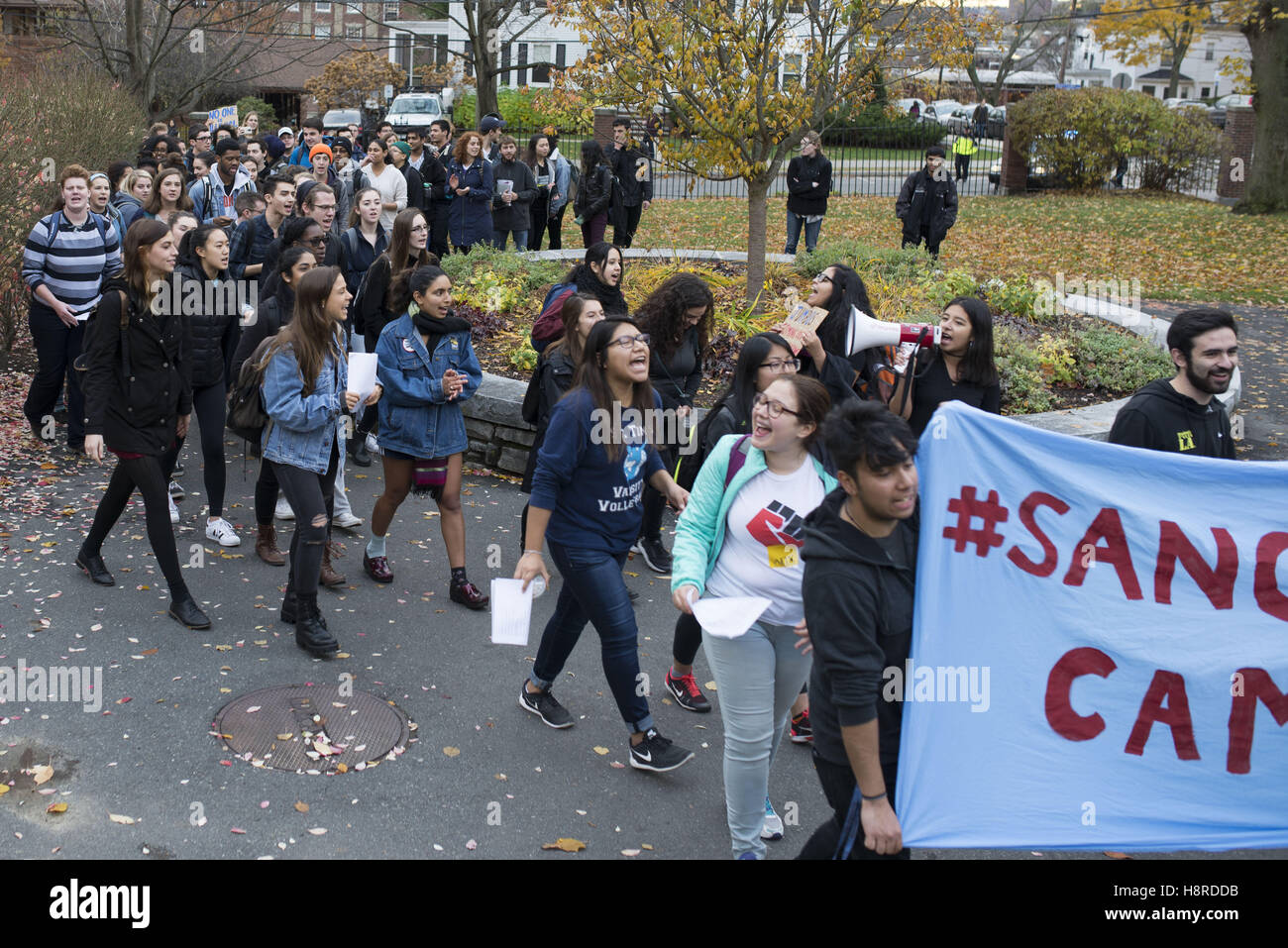 Medford, Massachusetts, USA. 16th Nov, 2016. After walking out of class, hundreds of Tufts University students join community members in a march to demand that the university become a sanctuary campus for undocumented students. Credit:  Evan Sayles/ZUMA Wire/Alamy Live News Stock Photo