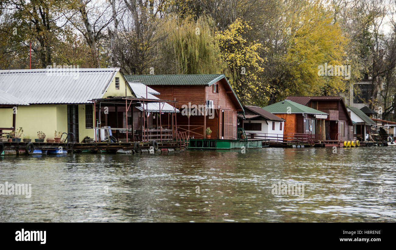 Sava river, Serbia - Raft houses moored to the shoreline of Ada Medjica islet Stock Photo