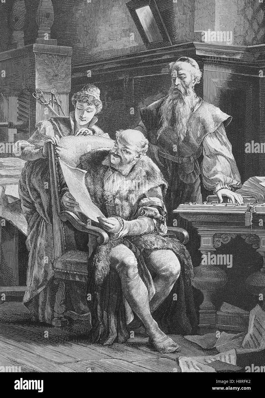 Johannes Gensfleisch zur Laden zum Gutenberg was a German blacksmith, goldsmith, printer, and publisher who introduced printing to Europe. Here he shows a first print to his friend Johann Fust Stock Photo