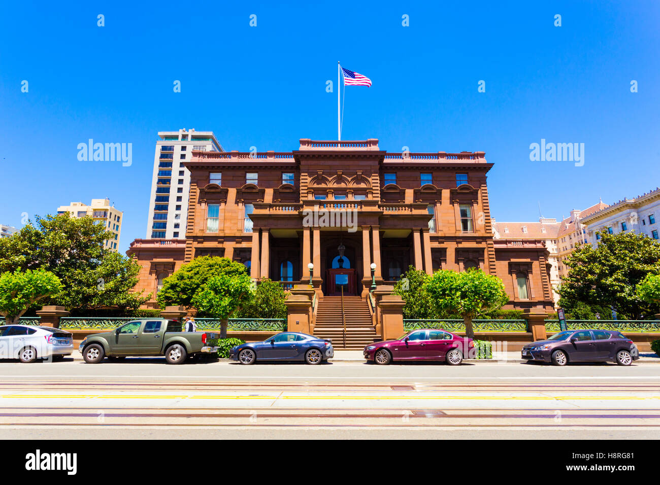 Historic brownstone house, the former Flood Mansion is home to Pacific-Union Club on California Street on Nob Hill Stock Photo