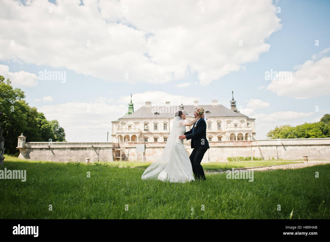 Wedding couple backround vintage castle at sunny day Stock Photo