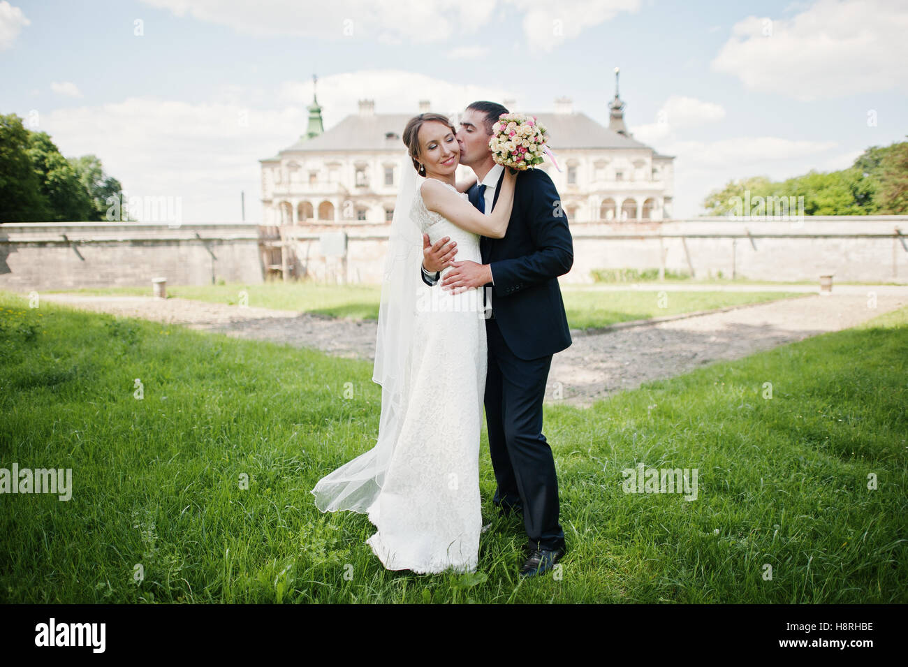 Wedding couple backround vintage castle at sunny day Stock Photo