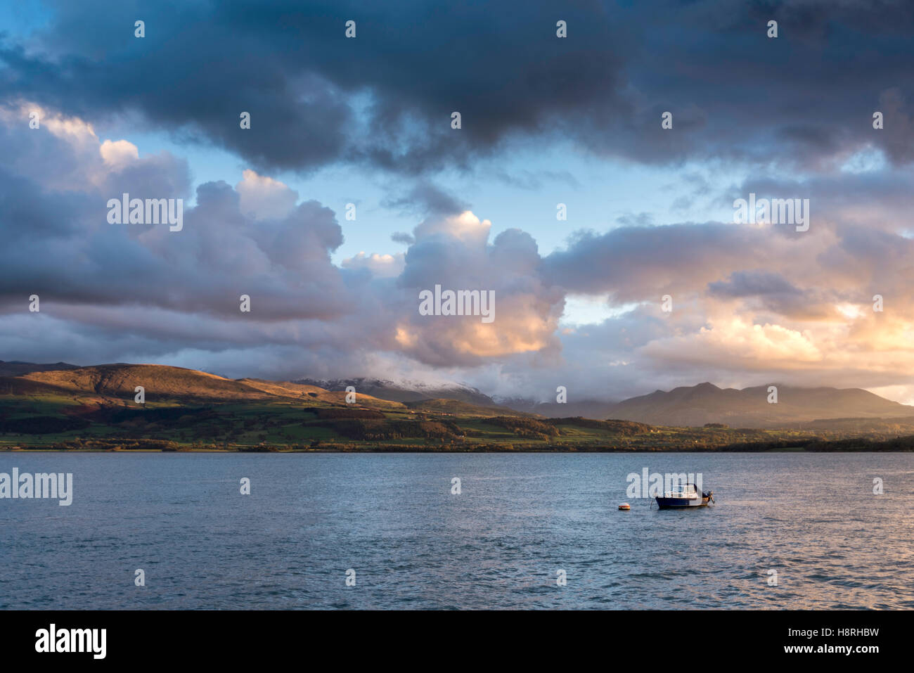 Menai Straits Anglesey North wales uk. sunset, cloudy. autumn. seascape. landscape. Stock Photo
