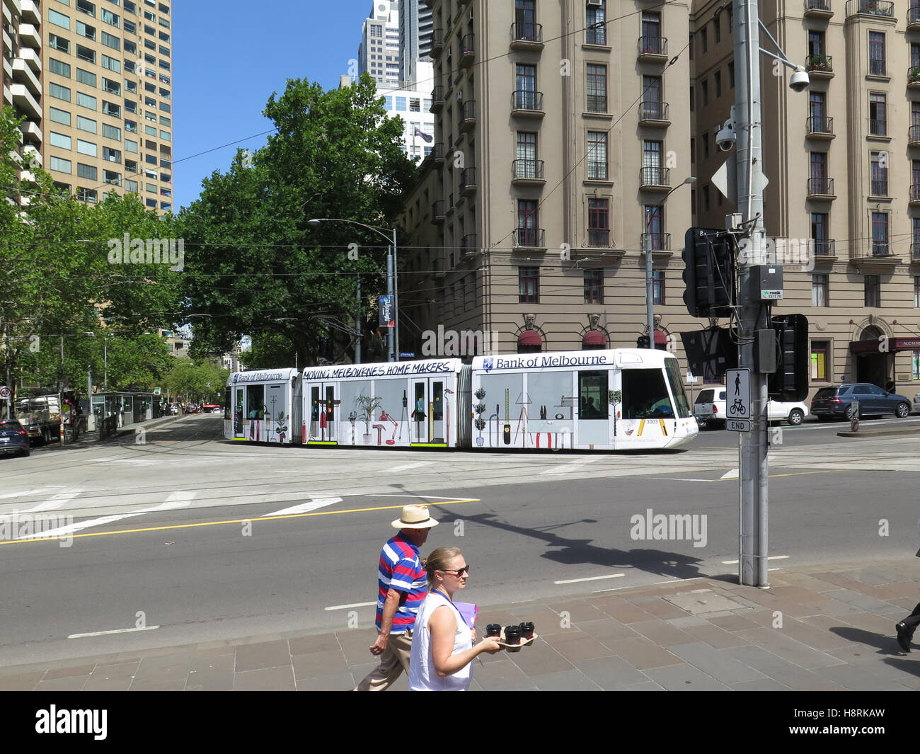 Melbourne tram emerging from the Central Business District. Stock Photo