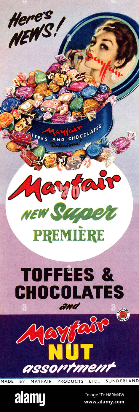 1954 British advertisement for Mayfair Toffees and Chocolates Stock Photo