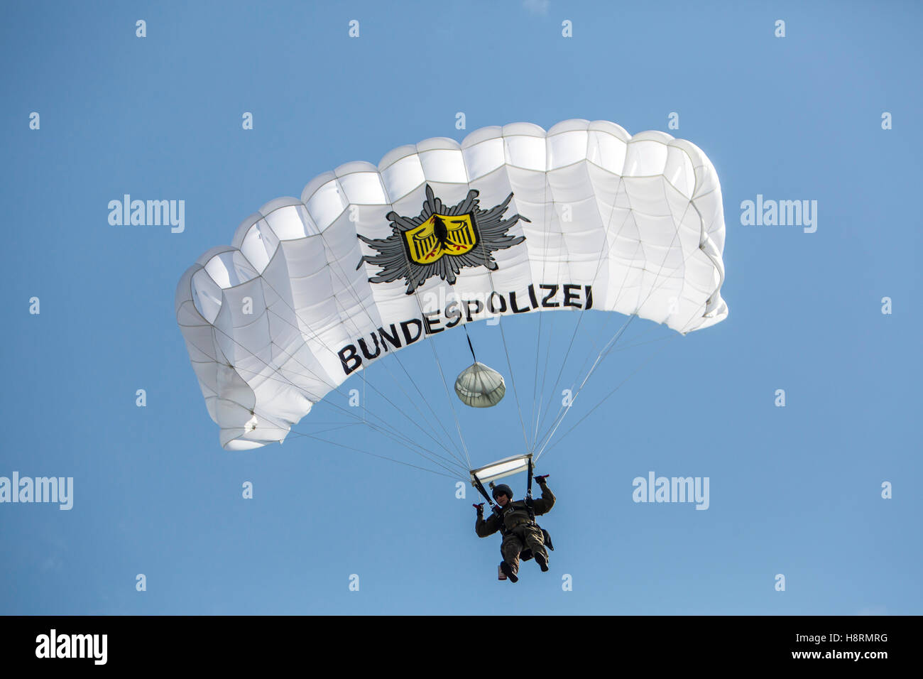 Parachute jumper of German federal police, special forces unit GSG 9, SWAT Team, during a public presentation, Germany Stock Photo