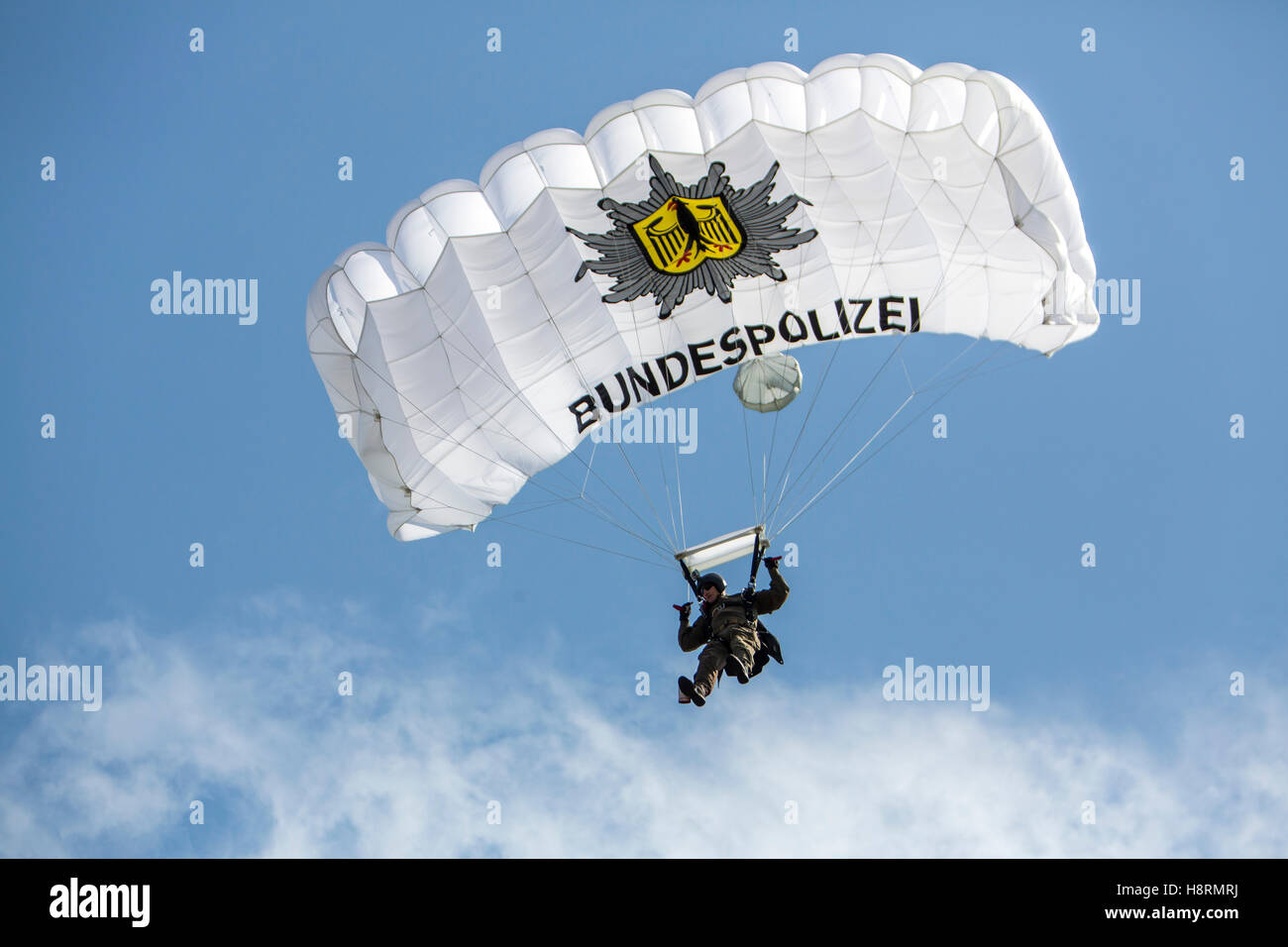 Parachute jumper of German federal police, special forces unit GSG 9, SWAT Team, during a public presentation, Germany Stock Photo