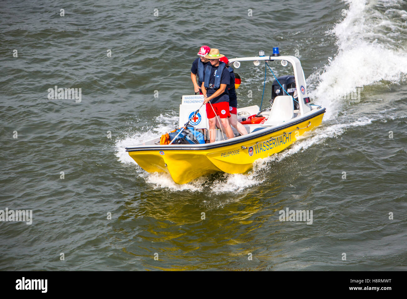 Practice of water rescue units on the Rhine near Düsseldorf, rescue boats with rescue float, water guard, Germany Stock Photo