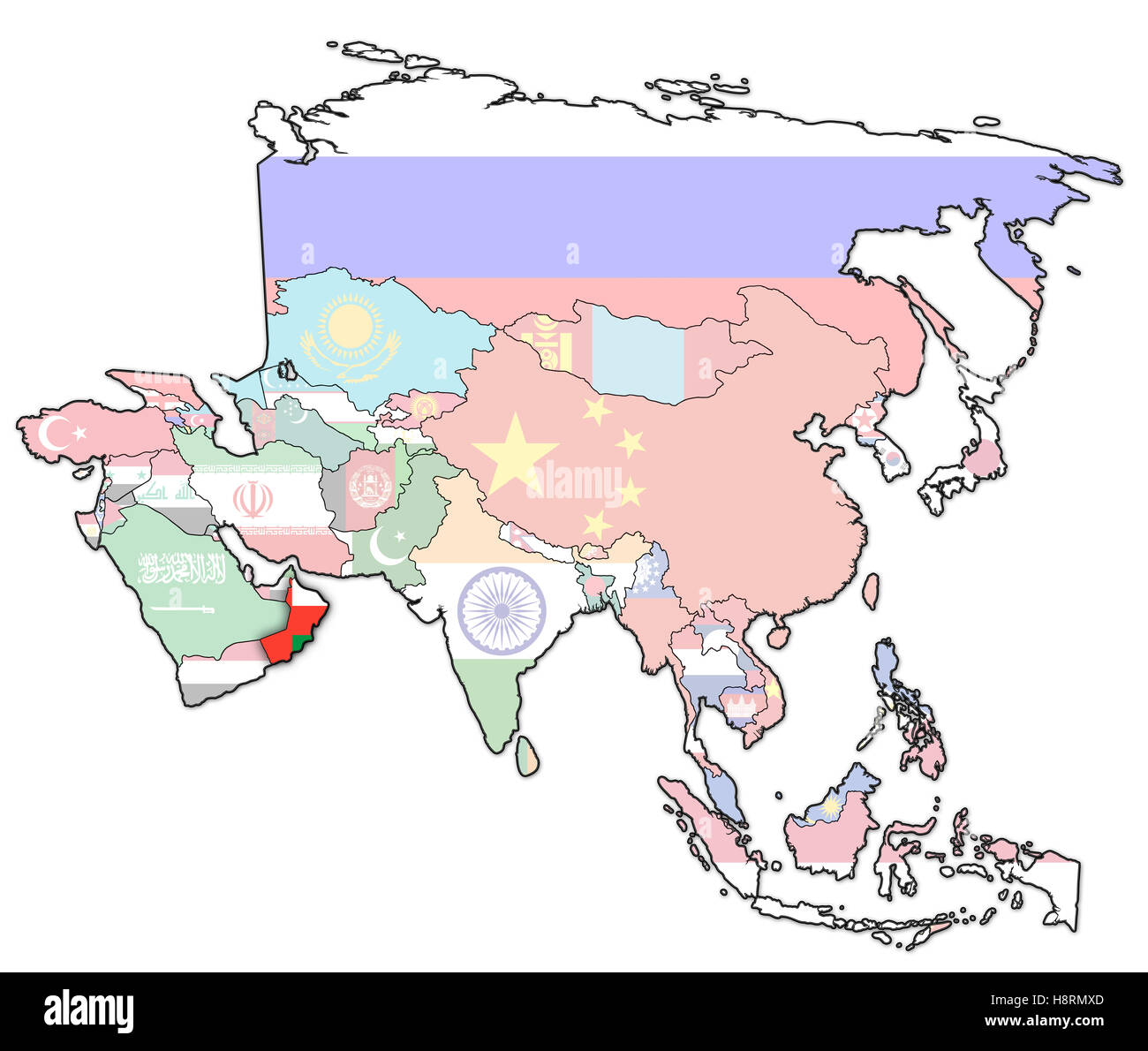 old political map of asia with flag of oman Stock Photo - Alamy