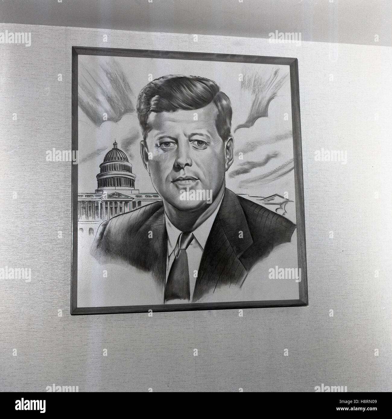 1965, historical, a pencil drawing of the 35th American President, John F. Kennedy in front of the Capitol, the meeting place for the USA Congress. The artwork was on the wall of an English pub named after the President. Stock Photo