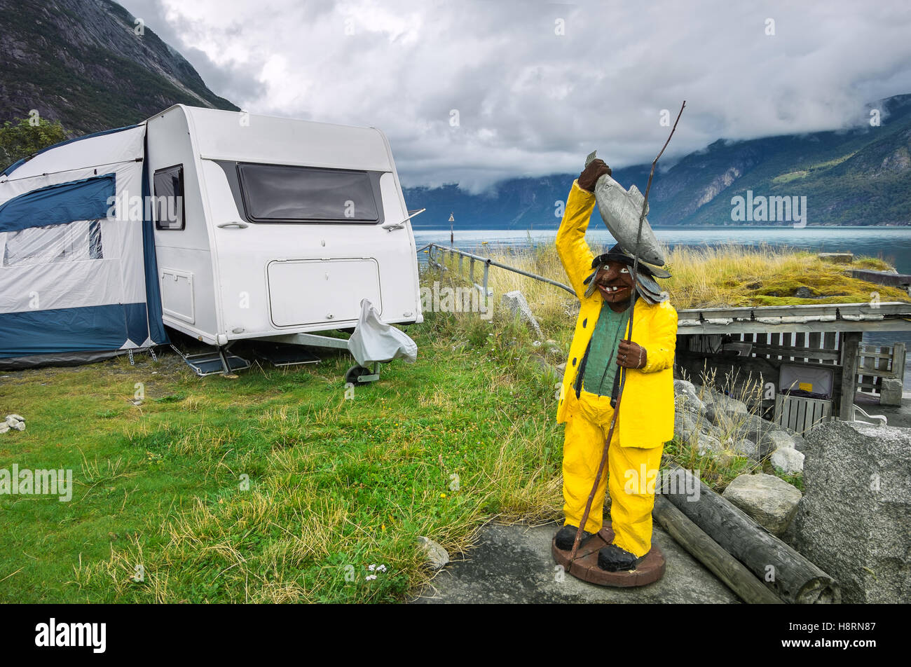 Fishing camp with wooden troll in Eidfjord. Norway, Scandinavia Stock Photo