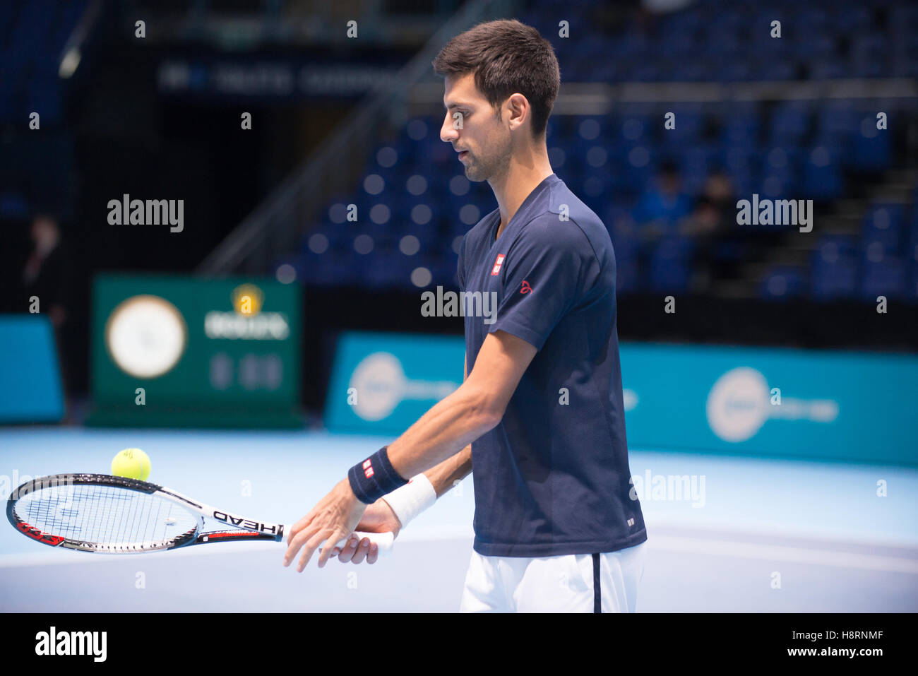 London, UK. 15th Nov, 2016. Novak Djokovic practice, with Boris Becker  during a practice game. Novak Djokovic is a Serbian professional tennis  player. He is considered one of the greatest tennis players