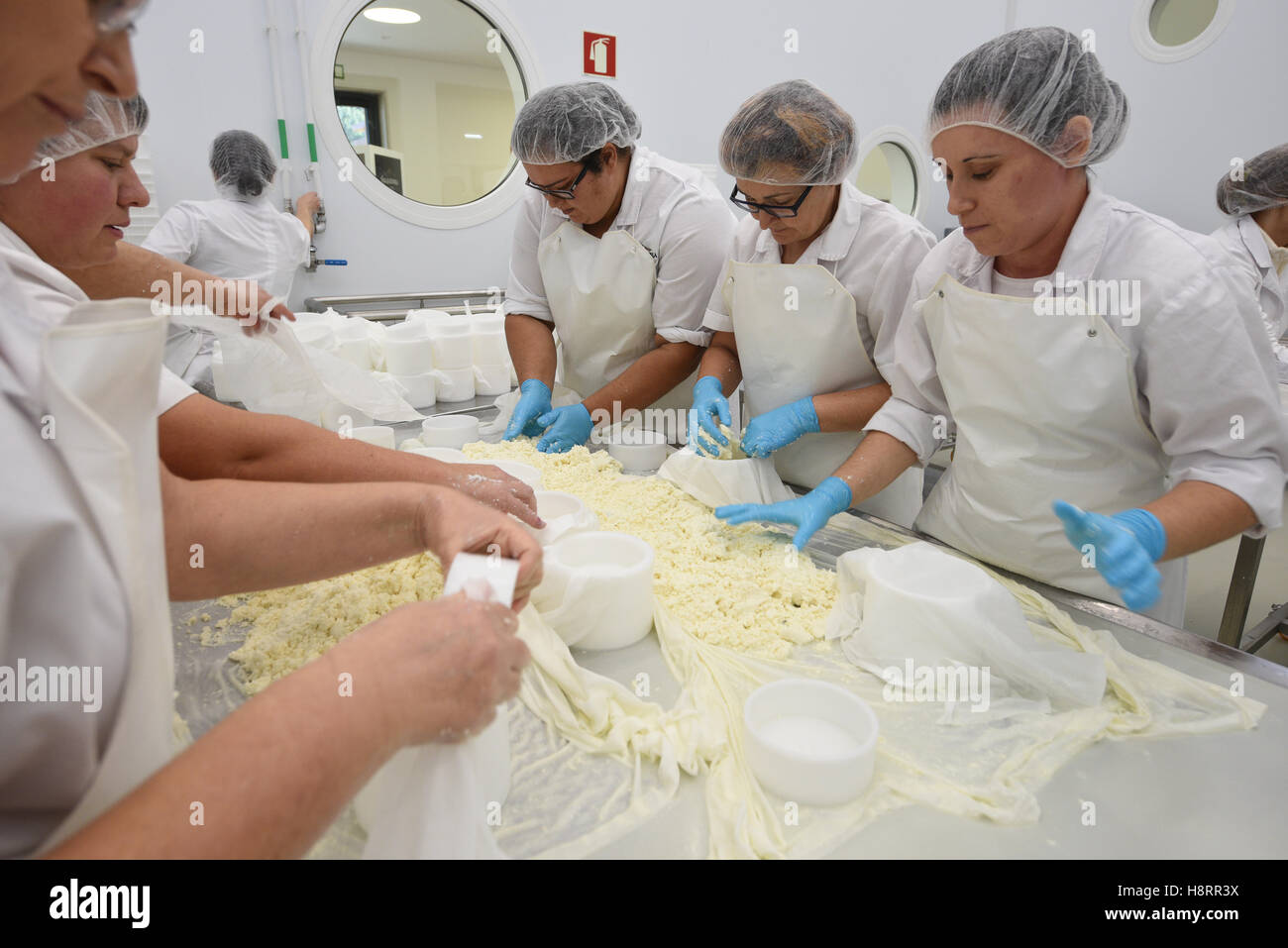 Workers at a Queijo da Serra cheese factory in Portugal Stock Photo