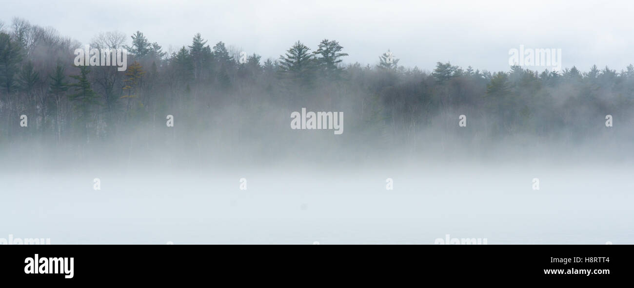 Foggy rising mist from warm water lake into cooler air. Stock Photo