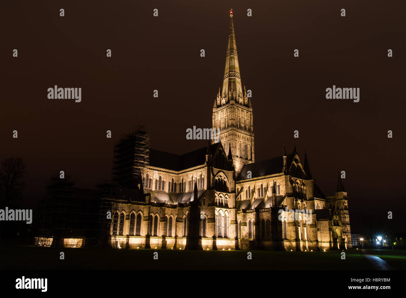 Salisbury Cathedral at night. Tallest spire in the UK on Anglican cathedral in early English architectural style Stock Photo