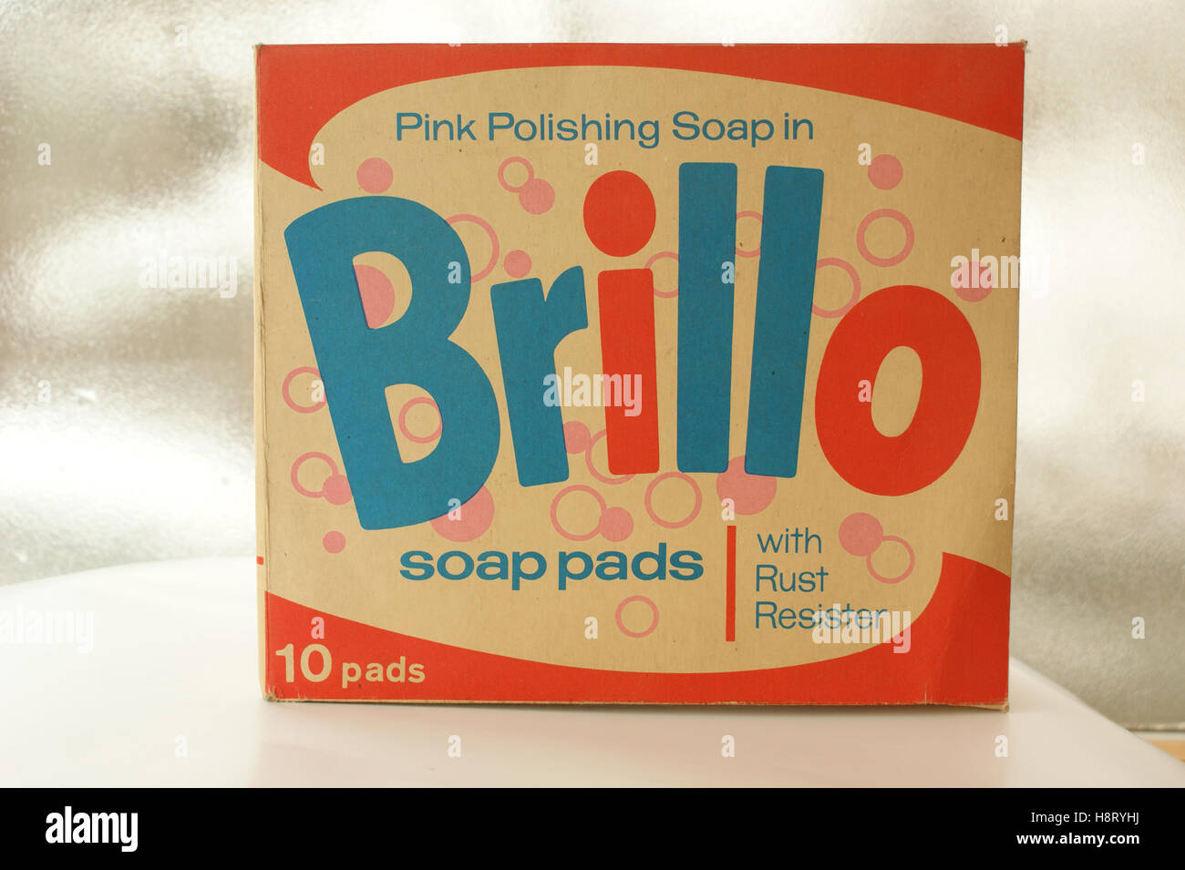 An advert for a box of Brillo steel wool cleaning pads. It appeared in a  magazine published in the UK in 1959. Brillo Pad is a trade name for a scouring  pad