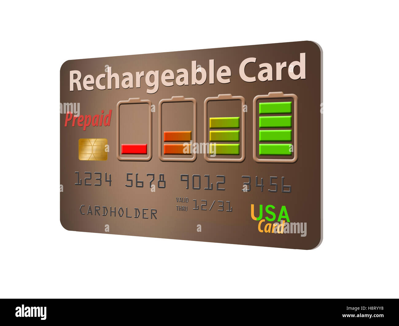 Rechargeable credit card with battery icons to illustrate rechargeable