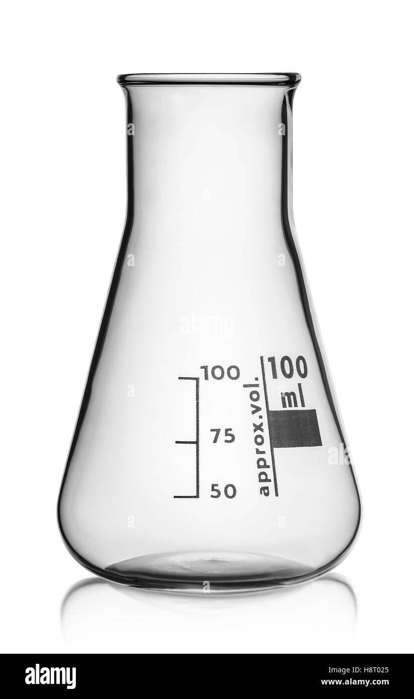 In front glass conical flask isolated on white background Stock Photo