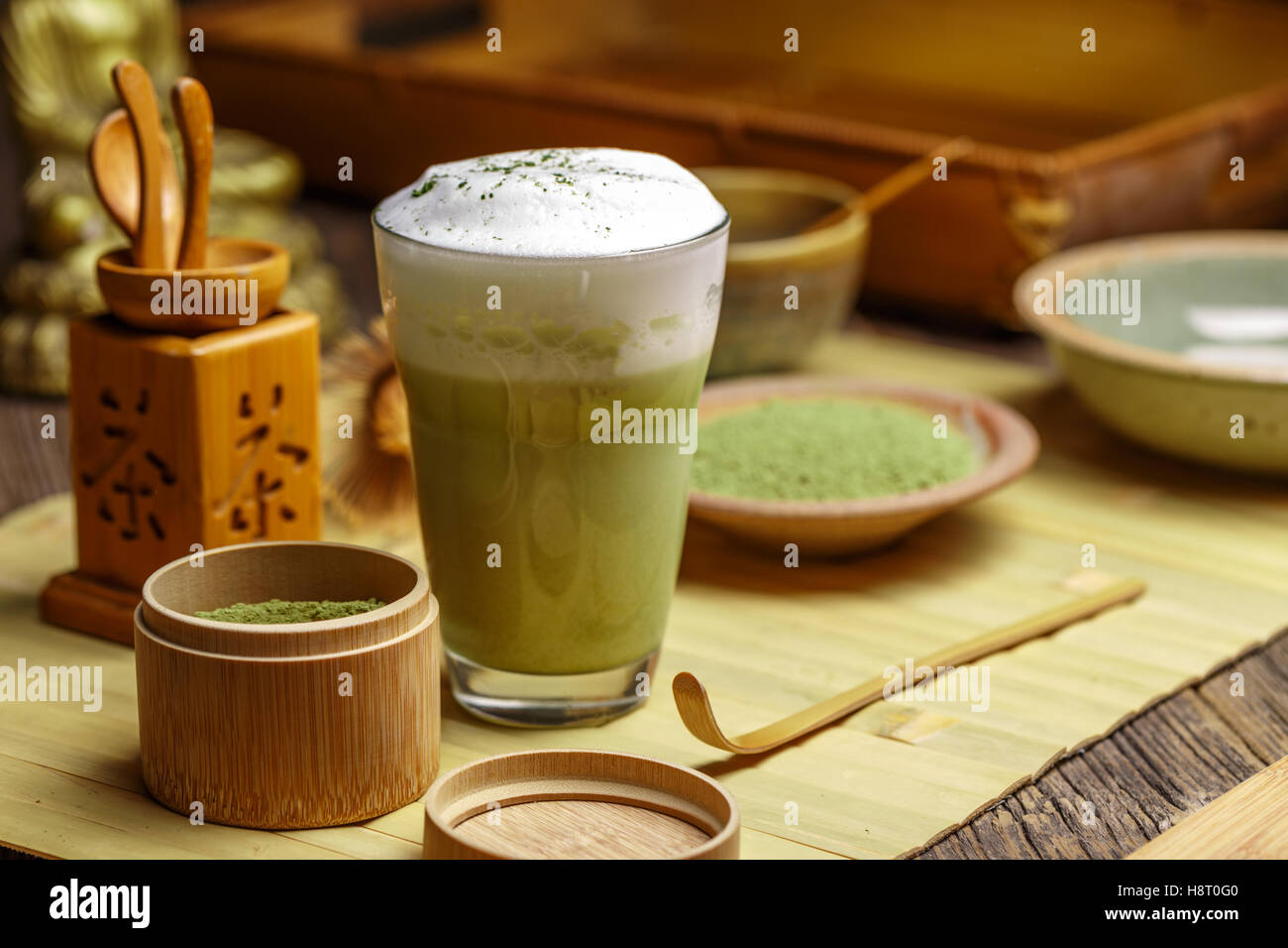 Cup of green tea matcha latte Stock Photo