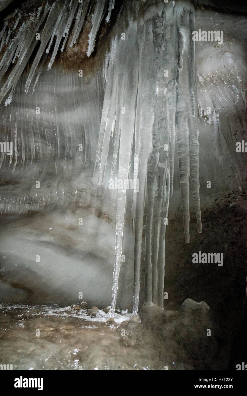 Close up of well formed icicles in an ice cave of Larsbreen, Svalbard, Spitsbergen, Norway Nahaufnahme Eiszapfen in einer Gletscherhöhle des Larsbreen Stock Photo
