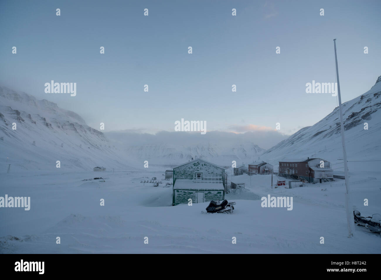 Arctic winter in Nybyen-Longyearbyen, Spitsberg Svalbard. Winter in Nybyen, Longyearbyen, Spitzbergen. Stock Photo