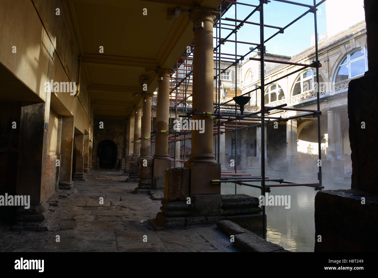 Scaffolding at the Roman Baths for restoration work on the statues