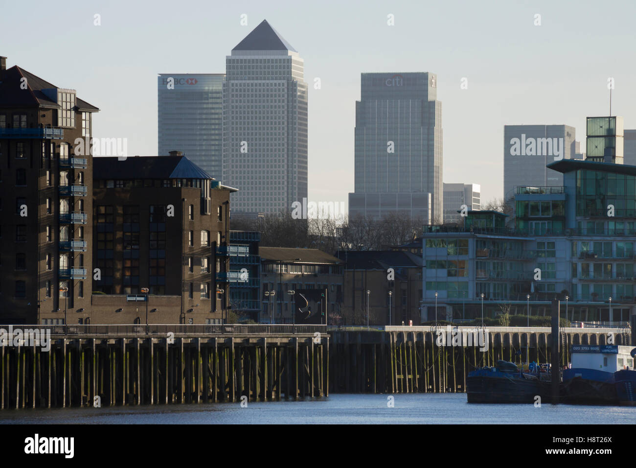 UK, England, London, Canary Wharf river view Stock Photo