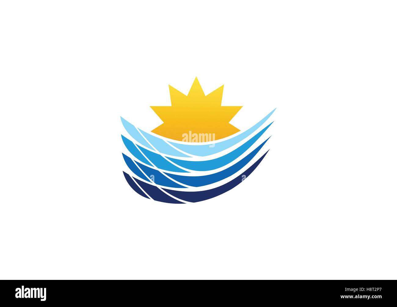 sun waves logo, natural sunset and sea symbol, sunrise and ocean elements nature icon vector design Stock Vector