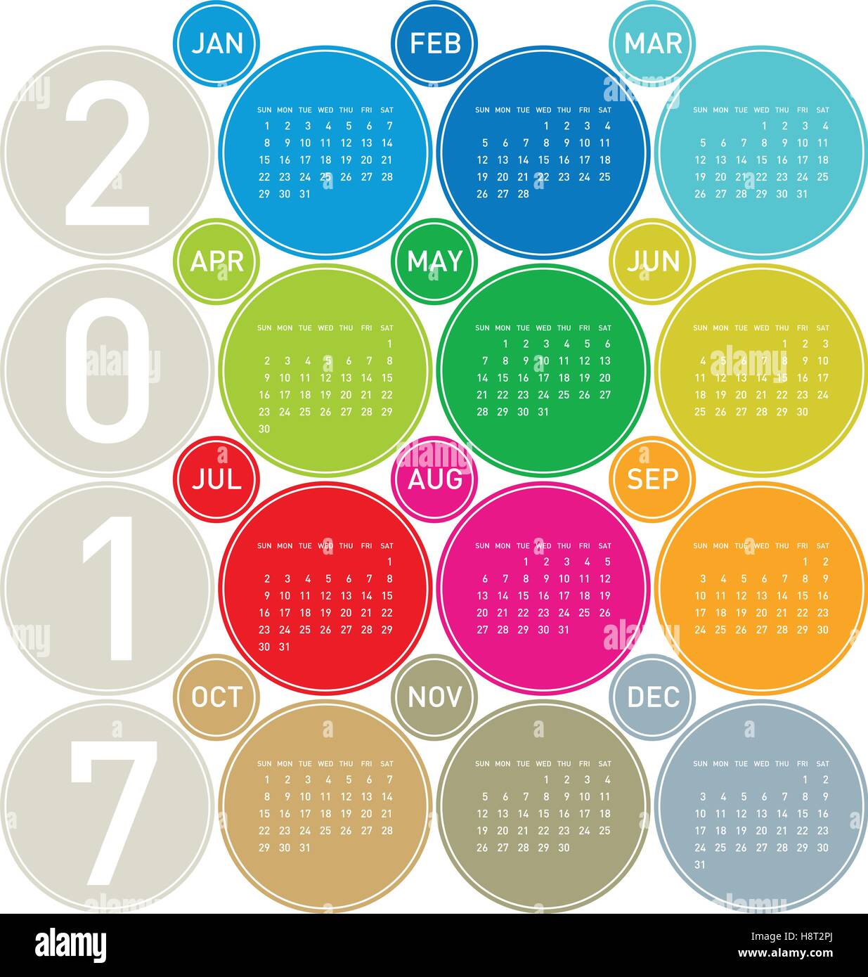 Colorful Calendar for year 2017 in a circles theme, in vector format. Stock Vector