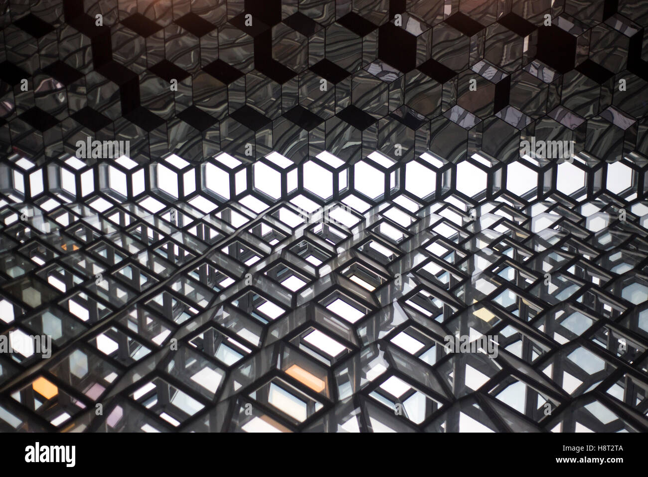 View of ceiling and windows at Harpa in Reykjavik, Iceland. Stock Photo