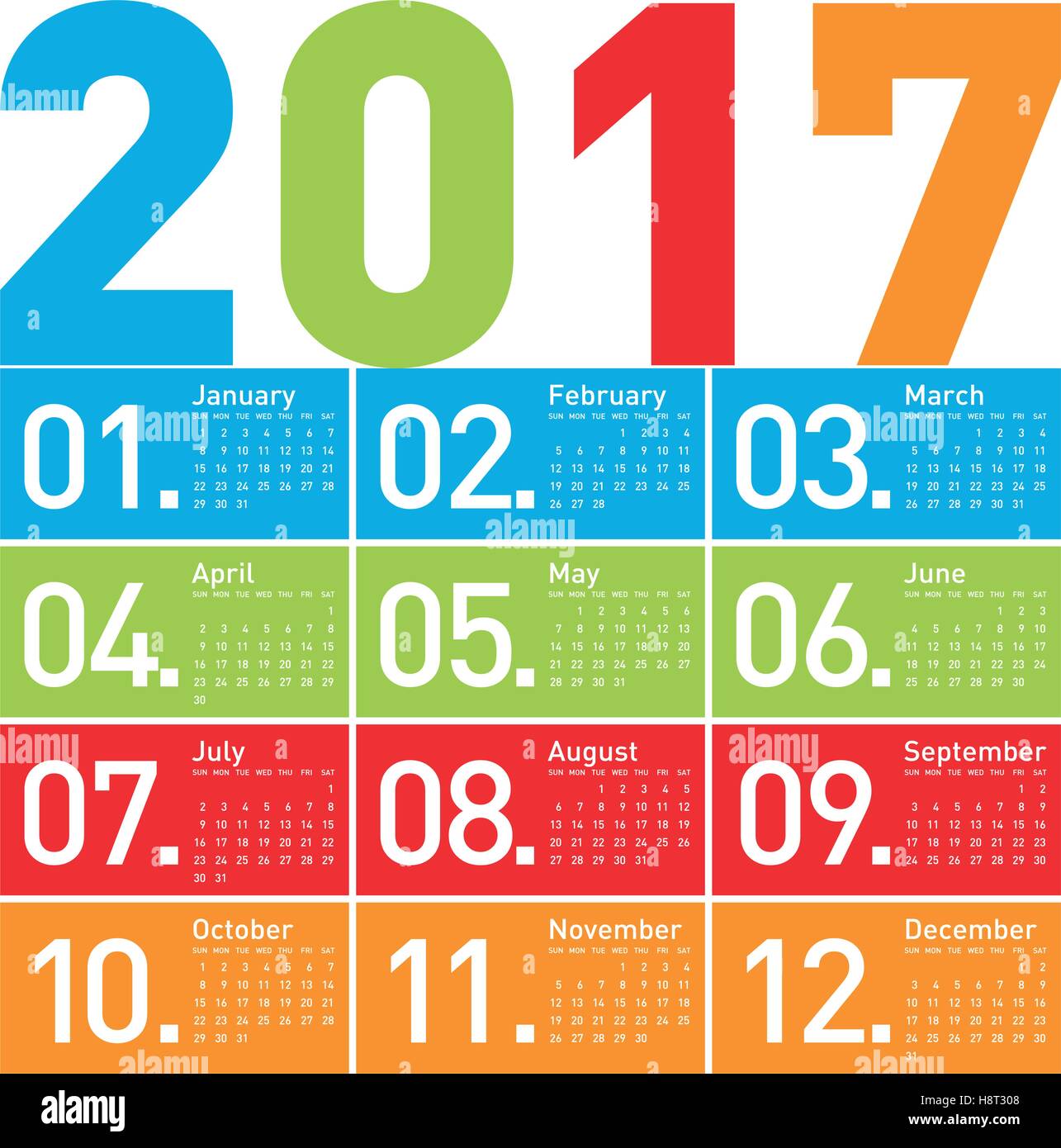 Colorful Calendar for Year 2017, in vector format. Stock Vector