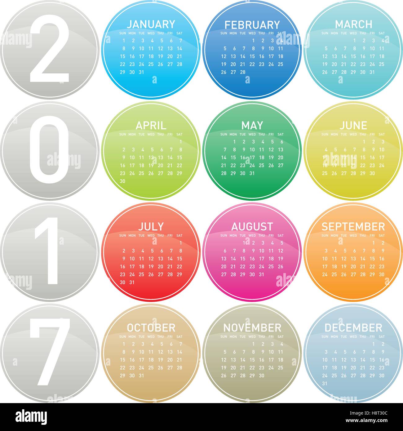 Colorful Calendar for year 2017 in a circles theme, in vector format. Stock Vector